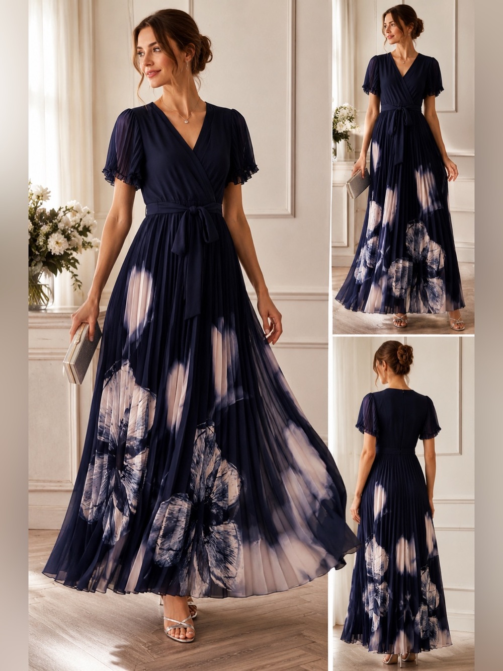 Elegant Navy Floral Maxi Dress with Tie Waist